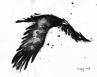 Crow painting - Ink on 8x12in canvas, A4, 21x30cm - abstract flying crow