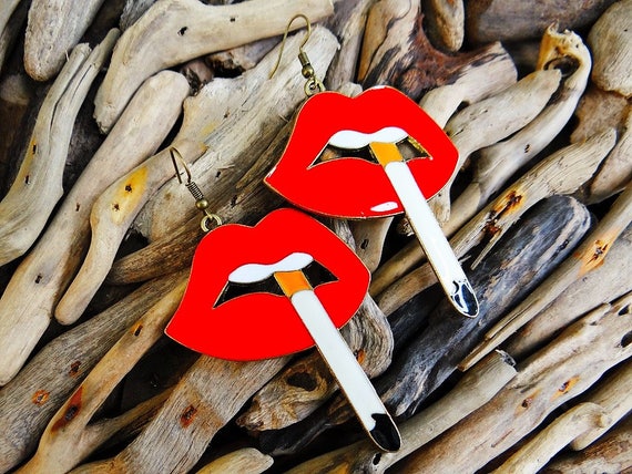 Smoking Lips Cigarette Earrings Fag Smoke Tobacco Kitsch Bad Habit Punk Rock Smokes Cigarettes Spliff Joint Weed Fags No Earring Ear Rings