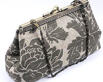 Clutch Purse with Sewn On Frame, Sage and Khaki Floral Barkcloth Bag, Handmade Special Occasion Bag by WhiteCross Designs Ready to Ship