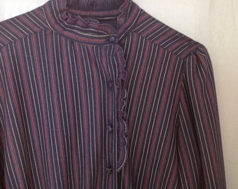 1970s navy blue striped semi sheer knee length dress, size small