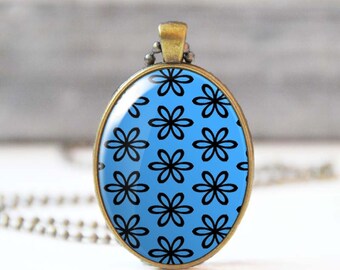 Blue floral pendant necklace with flower charm, Glass dome oval photo necklace, Jewelry for women, Gift for her, 5004-4, Mother's day gift