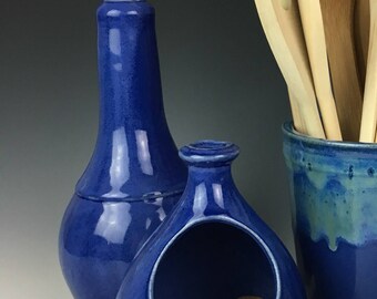 Salt cellar with spoon, salt pig, sea salt well, blue, cobalt, bamboo spoon