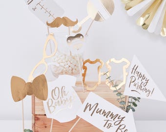 Oh Baby - Baby Shower Photo Booth Props - 10 Pack - Gold - Baby Shower | New Mother To Be | New Baby | Boy or Girl | New Mom | Mummy to be