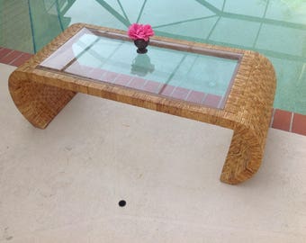 WOVEN RATTAN SCROLL Coffee Table / 51" Long Vintage Rattan Scroll Coffee Table Palm Beach Island Style / Mid Century Style Retro Daisy Girl
