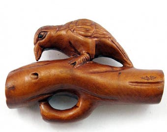 Bird on a Branch Japanese Hand-Carved Boxwood Netsuke Bead