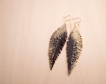 Dark Brown and Gold Hand-painted Reclaimed Leather Feather Earrings