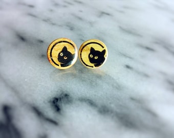 Cat olive wood stud earrings
