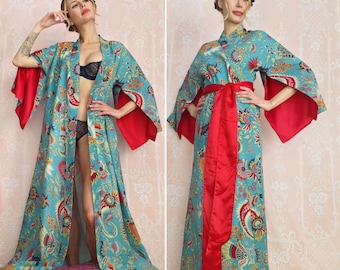 One custom "Haiku" sleeve lined robe. Long bohemian kimono robe Wedding robe Art Deco robe with pockets Valentines day gift for her