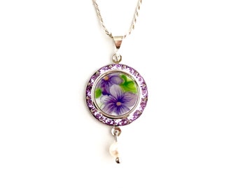 Graduation Gift for Girl. Purple Violets Necklace, Swarovski Crystal Necklace, Repurposed, Broken China Jewelry