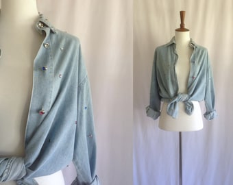 Vintage chambray button-up shirt with jewels / denim