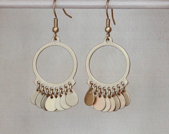 Gold Circle Earrings, Brushed Gold Earrings, Brushed Gold Dangle Earrings