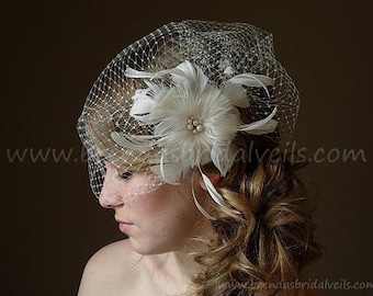 Bridal Veil With Flower, Ivory Full Side Blusher Birdcage Veil, Detachable Ivory Feather Flower with Fresh Water Pearls Center Fascinator