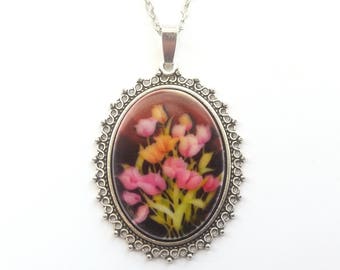 Pretty Flower Bouquet Necklace, Spring Flowers Necklace, Pink and Orange Tulip Necklace in Silver or Bronze