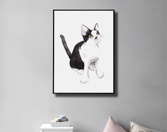 Printable Black and White Cat Art Print, Instant Download, Cat Wall Art, Cat Lover Gift, Watercolor Cat Painting, Cat Wall Decal, Home Decor