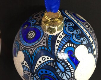Ceramic Hand Drawn Blue Sparkly Snowman Ornament