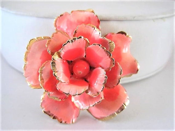 Flower Enamel Brooch, Signed Giovanni, Coral Petals, Gold Edge Flower, Bead Center, Flower Pin