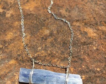 Raw blue kyanite gemstone bar necklace