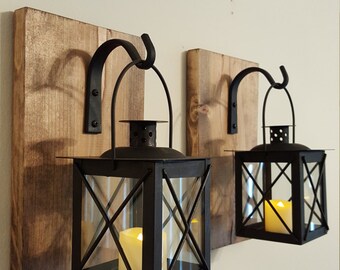 Walll Lantern Pair with wrought iron hooks, rustic wood boards, rustic home decor, wall decor, bedroom decor, sconces