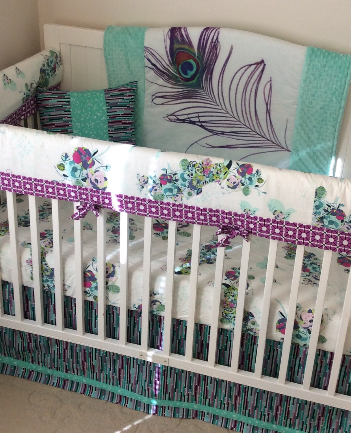 Baby Girl Crib Bedding Set Teal Purple Mint Peacock Made to