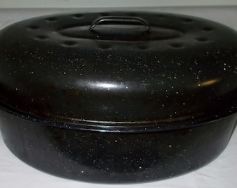 Blue Graniteware Roaster Vintage Enamelware Roasting Pan Large Speckled Enamel Oven Farmhouse Cookware Pan