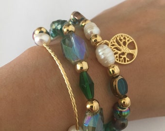 3 Crystal and pearl del rio bead bracelets with gold plated accessories