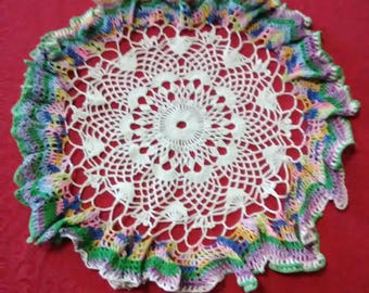 Vintage 1940's 17" white with rainbow edge doily