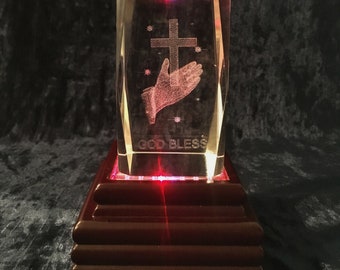 Vintage Laser Etched Crystal Praying Hands And Cross With Light Base