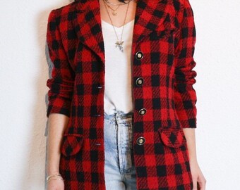 Checkered blazer, wool blazer, red blazer, 80s jacket, 90s jacket, tartan blazer, lumber jacket