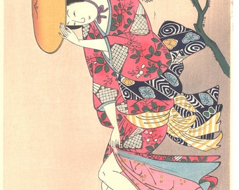 Japanese Ukiyo-e Woodblock print, Ishikawa Toyonobu, "Beauty in the Wind"