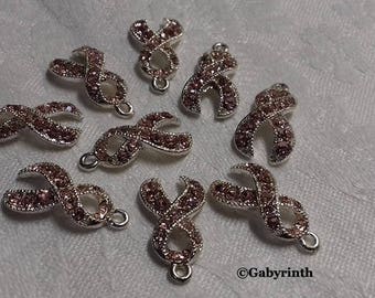 10 Pink Rhinestone Pink Ribbon Breast Cancer Awareness Ribbon Charms pendants