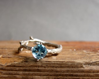 Swiss Blue Topaz Twig Ring Alternative Engagement Ring Sterling Silver Botanical Ring December Birthstone