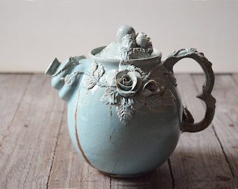 Alice in Wonderland Teapot -MADE TO ORDER - Stoneware teapot with roses in light blue granitic glaze