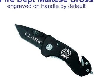 Firefighter Compact Rescue Knife - Personalized with Maltese Cross and Text - Engraved Firefigher Gifts