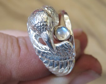 Moonstone Ring - White Raven Ring - Silver Ring - Double Ring - Pagan Ring - Witch Ring - Statement Ring - Totem Ring - Pagan Wedding Ring
