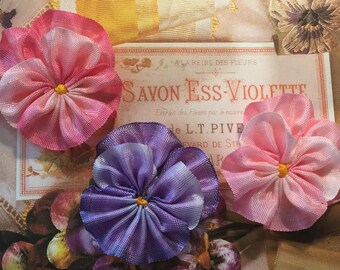 Three Little Ribbon Pansies in Pink and Purple Ombré