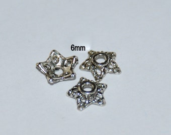 34 pcs 6mm Five Point Star Shape Antique Silver Bead Caps