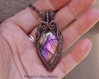Purple Labradorite Necklace Wire Wrapped Labradorite Pendant Wire Wrap Handmade Boho One Of A Kind Artisan Jewelry