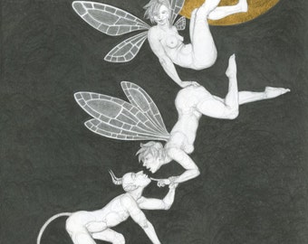 Original drawing, fairies and a devil under the moon, in pencil and gold leaf - "Three's a Crowd" - art by Nancy Farmer (unframed)