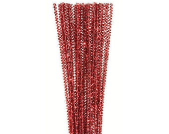 35, 3mm, Red Tinsel Stems, Pipe Cleaners, 12" Long