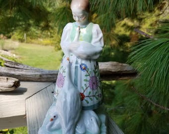 Herend Girl with Geese Figurine Made in Hungary #5565 Hand-Painted Porcelain
