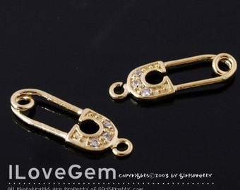 P1754 Gold plated, Safety Pin charm, 4pcs