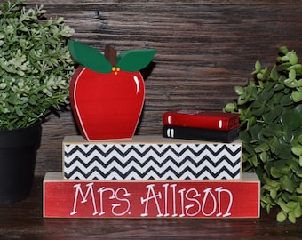 Unique Teacher Gift Personalized Teacher Name Plate Apple Decor Teacher Block Set Librarian Gift Set End of Year Teacher Gift Back to School