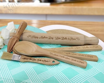 Personalised Mothers Day Utensil Pack - Rolling Pin, Pastry Brush, Citrus reamer, and 3 Wooden Spoons
