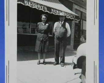 Chicago Heights News Agency Building Awning 1940's-1950's Couple Photo Snapshot 15956