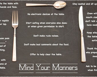 Etiquette Placemat: Mind Your Manners • Laminated • Fork, Knife, Spoon on chalkboard-motif