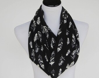 Black scarf Feathers scarf feather print infinity scarf black ivory white feather scarf bohemian LONG scarf loop scarf circle scarf