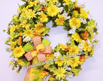 Floral Wreath, Floral Grapevine Wreath, Spring Wreath, Summer Wreath, Yellow Floral Wreath, Flower Wreath, Front Door Wreath