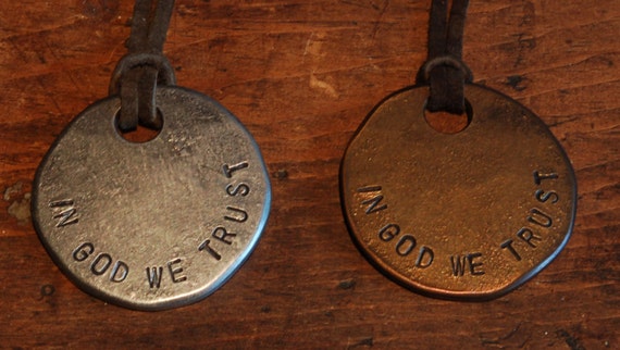 Ancient Hand Forged Silver In God We Trust Pendant Customized Necklace Personalized Simple Hypoallergenic with Leather Strap & Velvet Bag