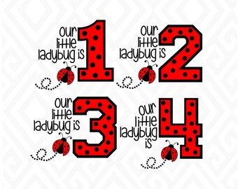 Little LadyBug Birthday Years 1-4; SVG, DXF, EPS, Ai, Png and Pdf Cutting Files for Electronic Cutting Machines