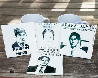 The Office T.V. TV Show Coasters, Set of 4. Prison Mike, Dwight Schrute, Bears Beets Battlestar Galactica, Michael Scott, Jim Halpert